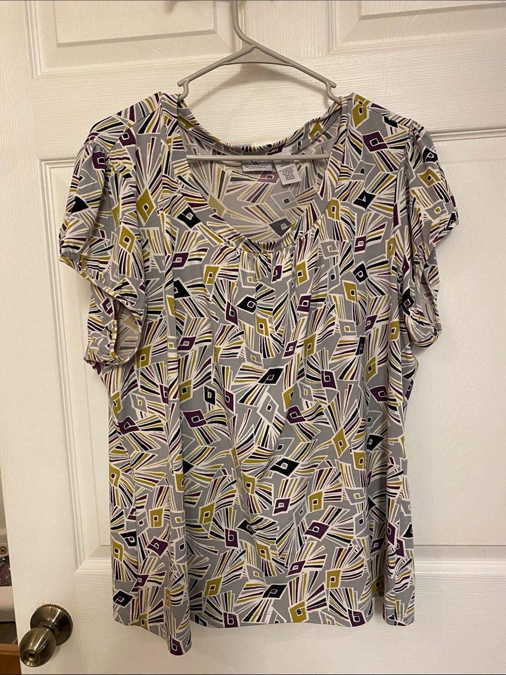 Worthington Geometric Scoop-Neck Tee in Gray, Mustard & Plum 2x